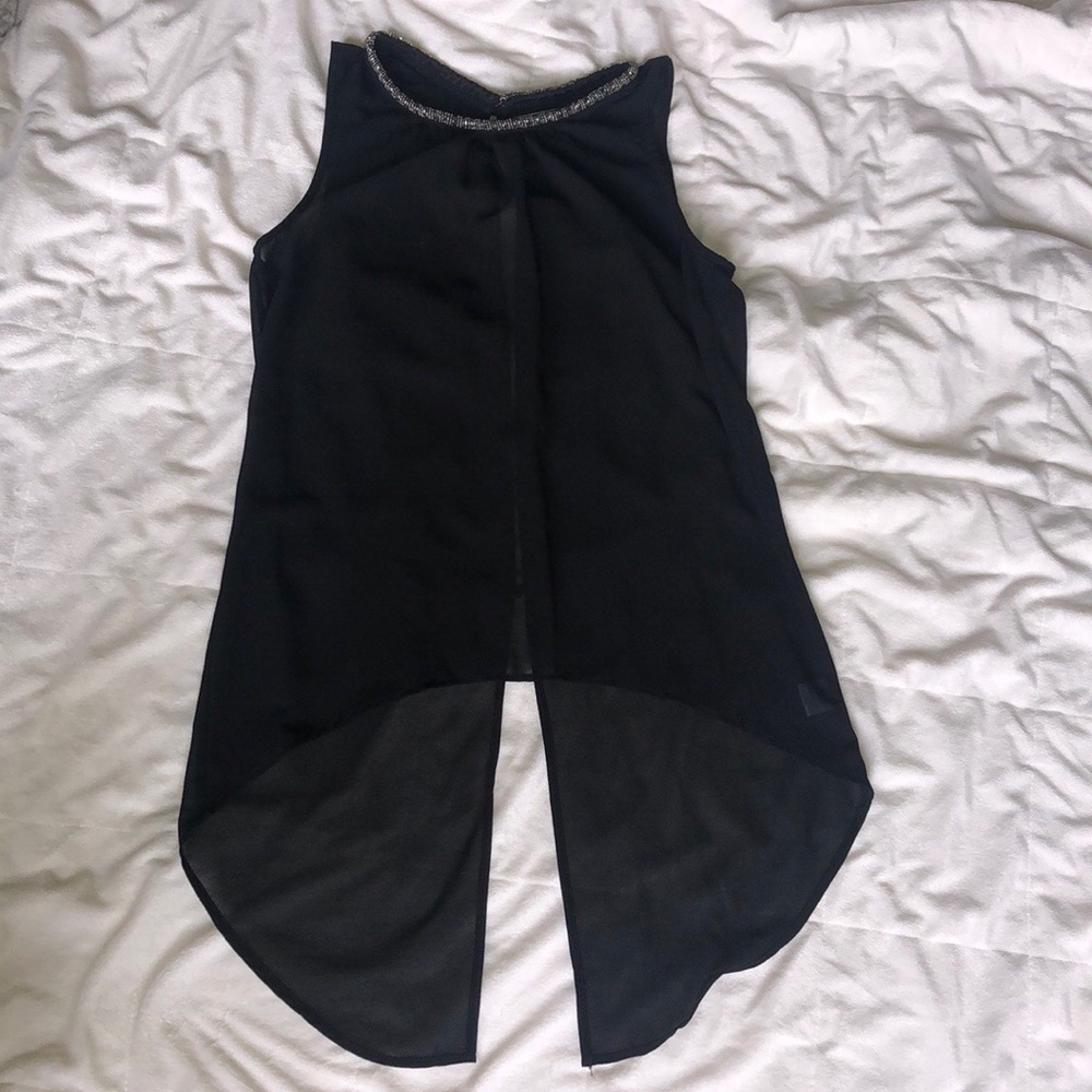 sheer black beaded neckline sleeveless blouse